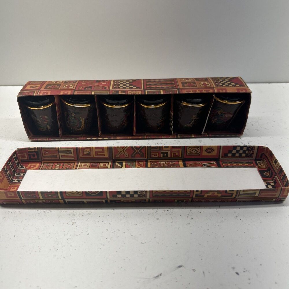 Lot Of 6 Vintage Ecuador Guayaquil Shot Glasses W/ Hand‎ Tooled Leather Sleeves